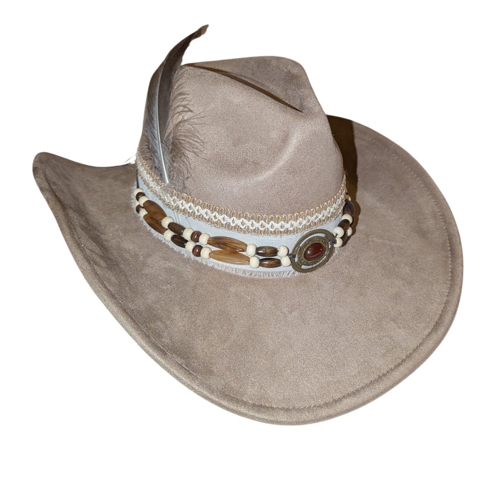 Womens Custom Suede Fedora Feather Beaded Embellishment Boho Western Cowgirl